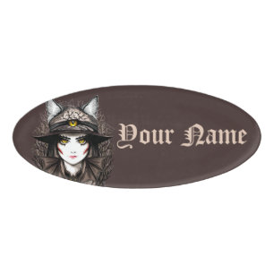 Heksenkat Halloween griezelig Schattige portret Naambadge