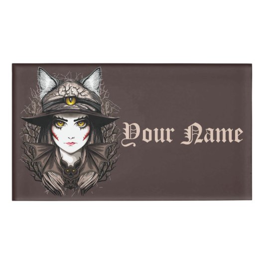 Heksenkat Halloween griezelig Schattige portret Naambadge (Voorkant)