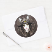 Heksenkat Halloween griezelig Schattige portret Ronde Sticker (Envelop)