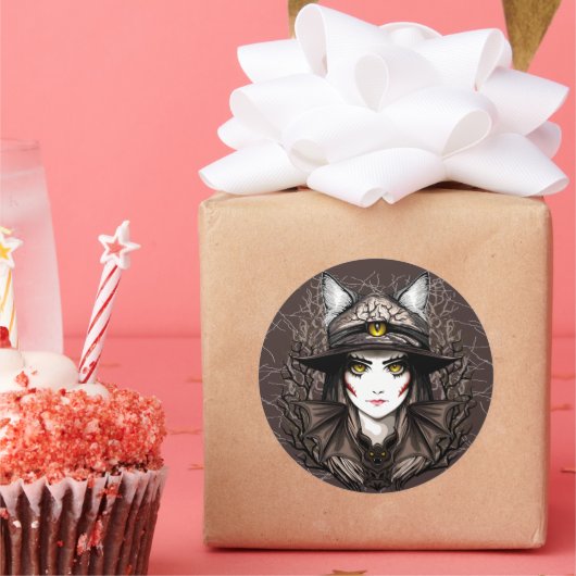 Heksenkat Halloween griezelig Schattige portret Ronde Sticker (Feest)