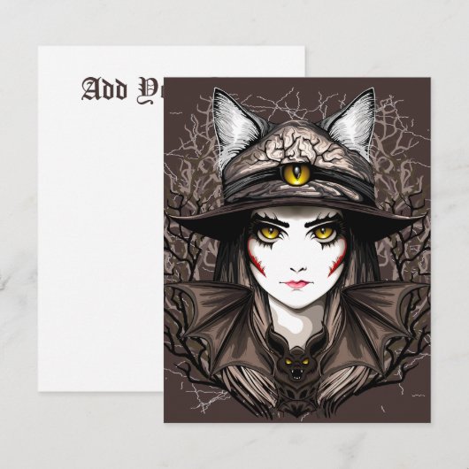 Heksenkat Halloween griezelig Schattige portret RSVP Kaartje (Voorkant / Achterkant)