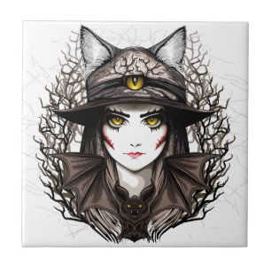 Heksenkat Halloween griezelig Schattige portret Tegeltje