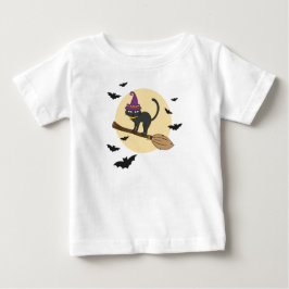 Heksenkat op Bezem Jeugd T-Shirt, Halloween Zwart