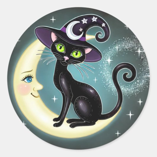 Heksenkat op halve maan Halloween Wicca Ronde Sticker (Voorkant)