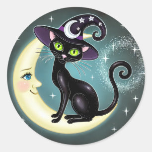 Heksenkat op Halve Maan Halloween Wiccan Wicca Ronde Sticker
