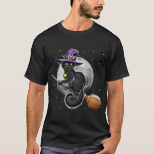 Heksenkat rijdend op bezem t-shirt