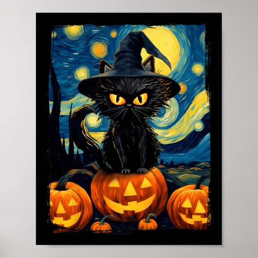 Heksenkat Sterrennacht Van Gogh Retro Halloween Ca Poster (Voorkant)