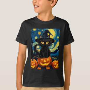 Heksenkat Sterrennacht Van Gogh Retro Halloween Ca T-shirt