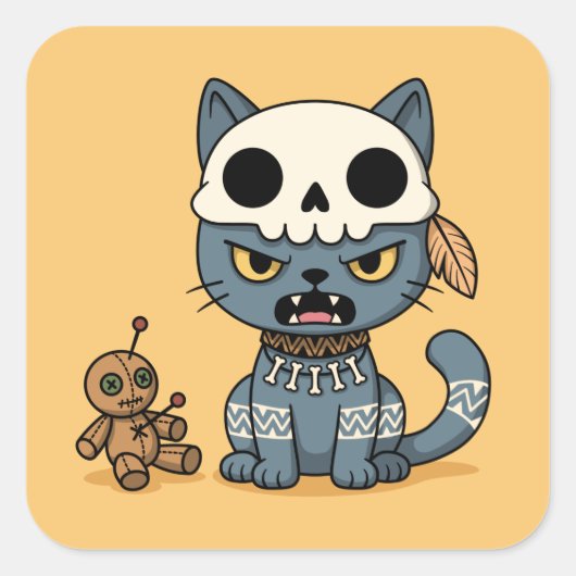 Heksenkat Voodoo-pop op geel Vierkante Sticker (Voorkant)