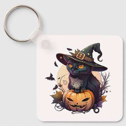 Heksenkat voor Halloween Sleutelhanger (Voorkant)
