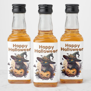 Heksenkat voor Happy Halloween Likeurfles Etiket