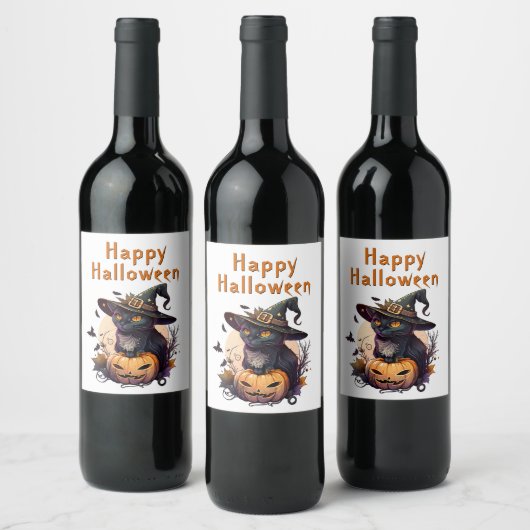 Heksenkat voor Happy Halloween Wijn Etiket (Flessen)