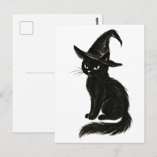 Heksenkat – Zwarte Inkt Halloween Illustratie op  Briefkaart