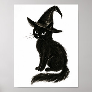 Heksenkat – Zwarte Inkt Halloween Illustratie op  Poster