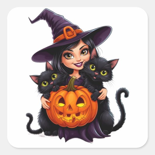 Heksenkatten Jack O Lantern Halloween 🐈⬛ Vierkante Sticker (Voorkant)