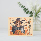 Heksenkatten Vleermuizen & Pompoenen Halloween Briefkaart (Staand voorkant)