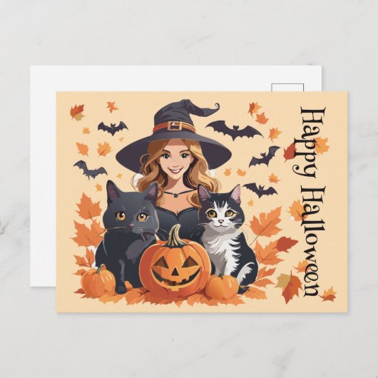 Heksenkatten Vleermuizen & Pompoenen Halloween Briefkaart (Voorkant / Achterkant)