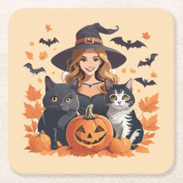 Heksenkatten Vleermuizen & Pompoenen Halloween Kartonnen Onderzetters