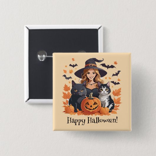 Heksenkatten Vleermuizen & Pompoenen Halloween Vierkante Button 5,1 Cm (Voorkant /achterkant)