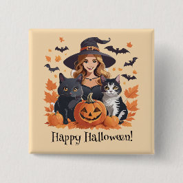 Heksenkatten Vleermuizen & Pompoenen Halloween Vierkante Button 5,1 Cm