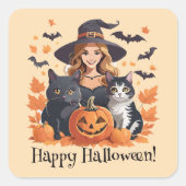 Heksenkatten Vleermuizen & Pompoenen Halloween Vierkante Sticker (Voorkant)