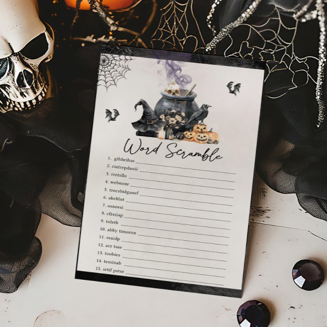 Heksenketel Baby Brouwt Woordzoekspel (A Baby is Brewing Halloween Baby Shower Word Scramble Game)
