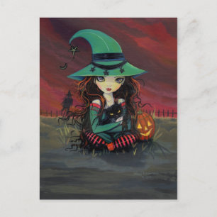 Heksenkind en Zwarte Kat Halloween Ansichtkaart Briefkaart