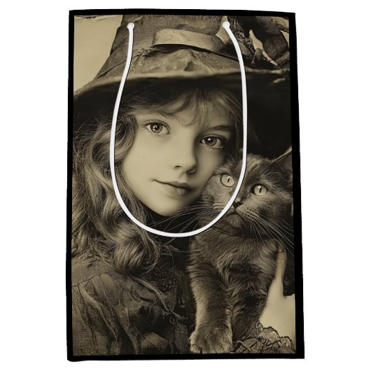 heksenmeisje met zwarte kat medium cadeauzakje (Voorkant)