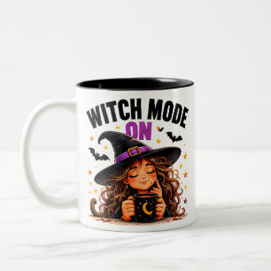 Heksenmodus Aan Schattige Koffieliefhebber Hallowe Tweekleurige Koffiemok