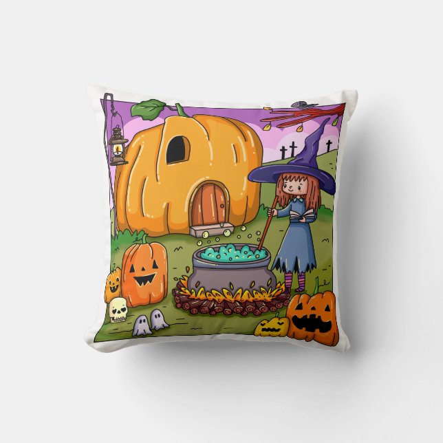 Heksenpompoenhuis voor Halloween Kussen (Voorkant)