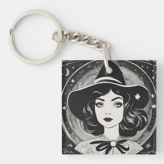 heksenportret zwart-wit retro sleutelhanger (voorkant)