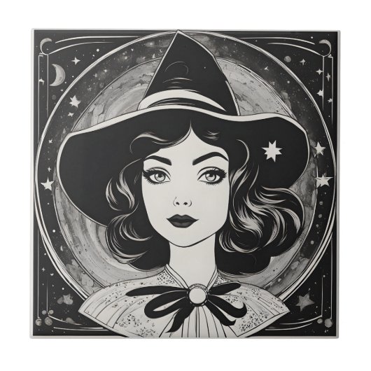  heksenportret zwart-wit retro tegeltje (Voorkant)