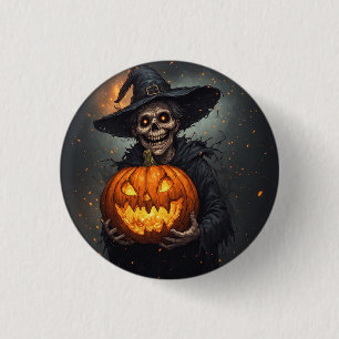 Heksenskelet Met Gloeiende Pompoen Halloween 🎃 Ronde Button 3,2 Cm