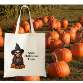 Heksenskelet met holle ogen tote bag