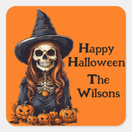 Heksenskelet met holle ogen vierkante sticker