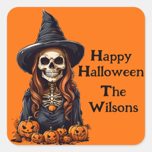 Heksenskelet met holle ogen vierkante sticker (Voorkant)