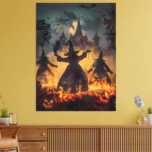 Heksenuur-ritueel – Vuurdans van de Drie Zusters Canvas Afdruk (Insitu (Woonkamer))