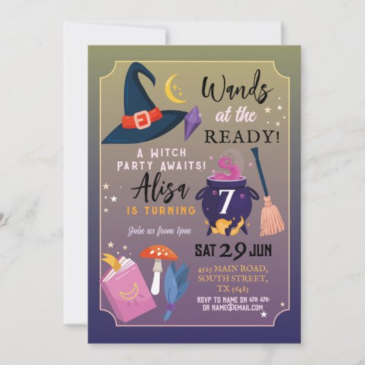 Heksenverjaardagsfeestje toverstokjes bij de Ready Kaart (Voorkant)