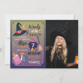 Heksenverjaardagsfeestje toverstokken klaar meisje kaart (Voorkant)