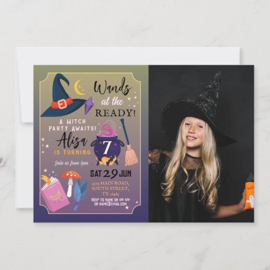 Heksenverjaardagsfeestje toverstokken klaar meisje kaart (Voorkant)