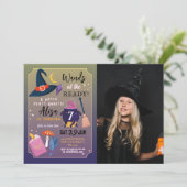 Heksenverjaardagsfeestje toverstokken klaar meisje kaart (Staand voorkant)