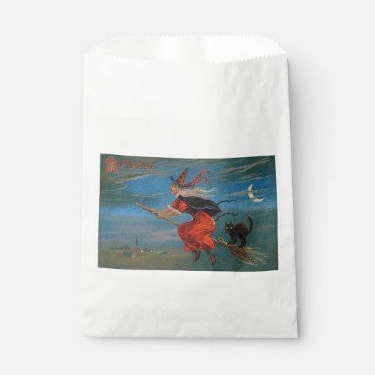 Heksenvliegen met zwarte kat op Halloween Night Bedankzakje (Voorkant)