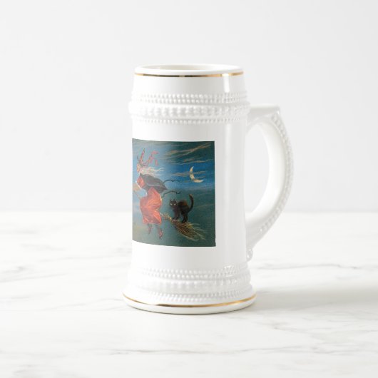 Heksenvliegen met zwarte kat op Halloween Night Bierpul (Voorkant rechts)