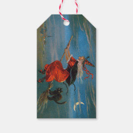 Heksenvliegen met zwarte kat op Halloween Night Cadeaulabel