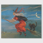 Heksenvliegen met zwarte kat op Halloween Night Cadeaupapier (Vlak)