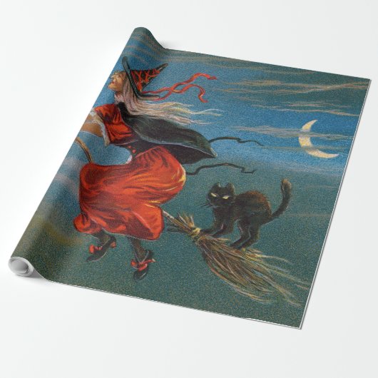 Heksenvliegen met zwarte kat op Halloween Night Cadeaupapier (Uitgerold)