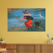 Heksenvliegen met zwarte kat op Halloween Night Canvas Afdruk (Insitu (Woonkamer))