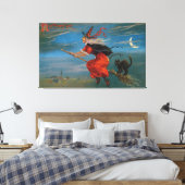 Heksenvliegen met zwarte kat op Halloween Night Canvas Afdruk (Insitu (Slaapkamer))