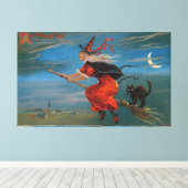 Heksenvliegen met zwarte kat op Halloween Night Canvas Afdruk (Insitu (Houten vloer))
