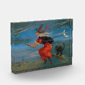 Heksenvliegen met zwarte kat op Halloween Night Fotoblokken (Links)